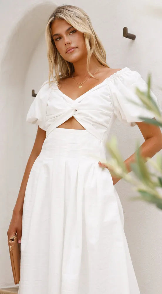 Women's Solid Color And V-neck Long Puff Sleeve Long Slimming Dress