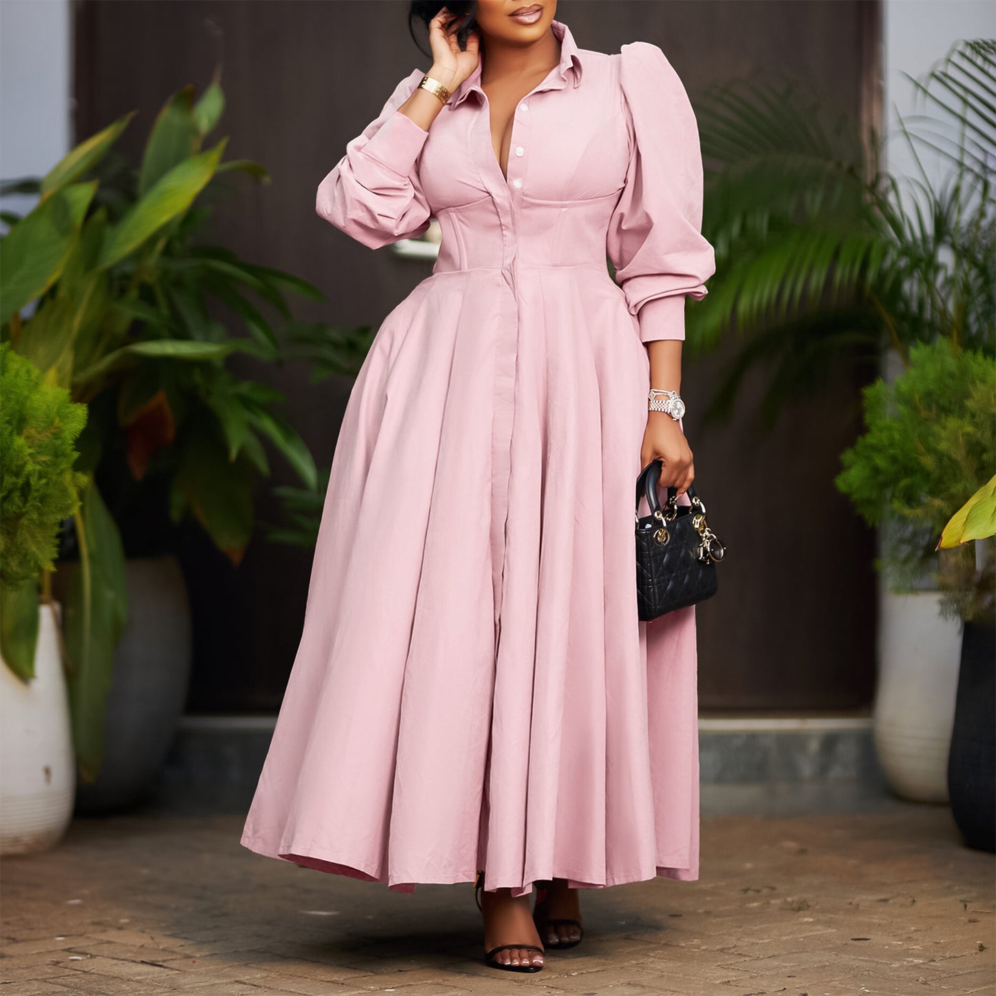 Women's Elegant Long Sleeve Big Hem Shirt Solid Color Dress