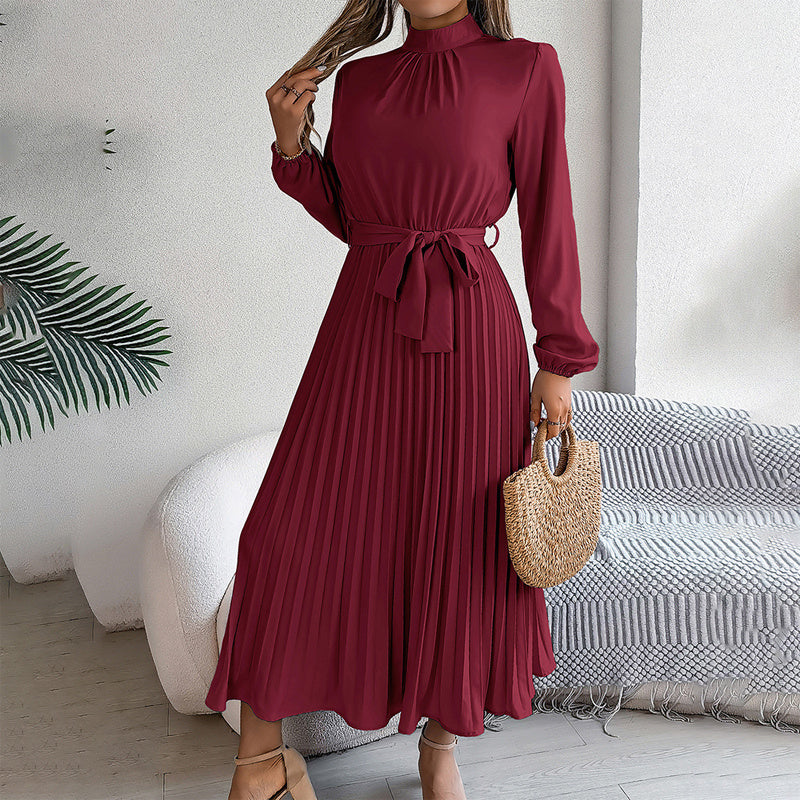 Elegant High Neck Long Sleeve Pleated Maxi Dress - Solid Color Flowy Dress For Women, Casual To Formal Wear-FREE USA SHIPPING