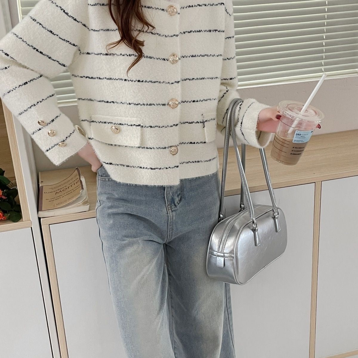 Striped Round Metal Button Faux Pocket Round Neck Sweater