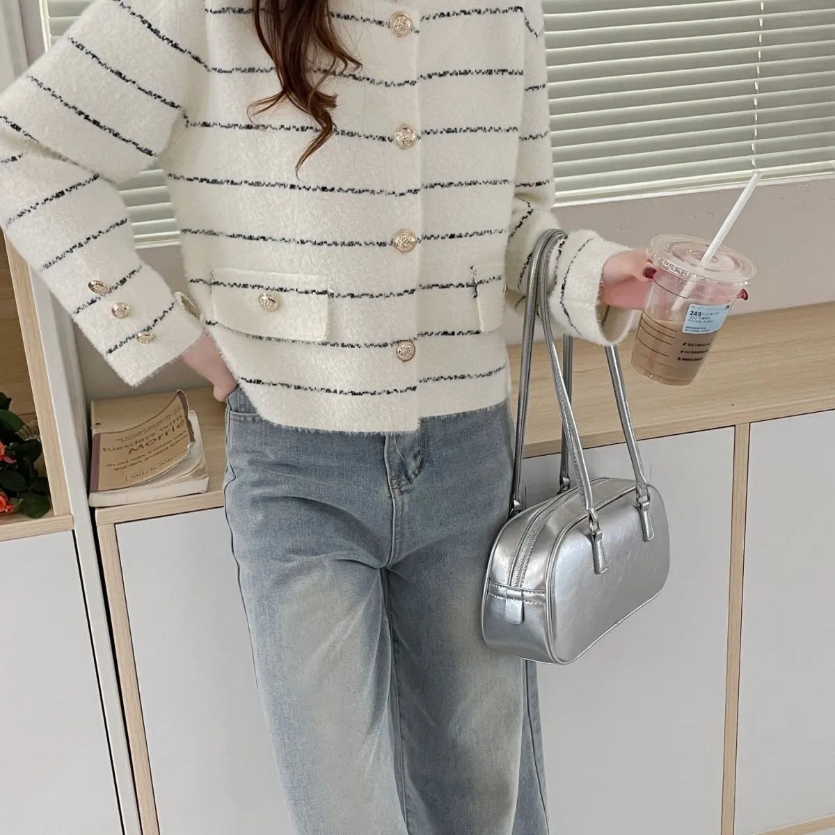 Striped Round Metal Button Faux Pocket Round Neck Sweater