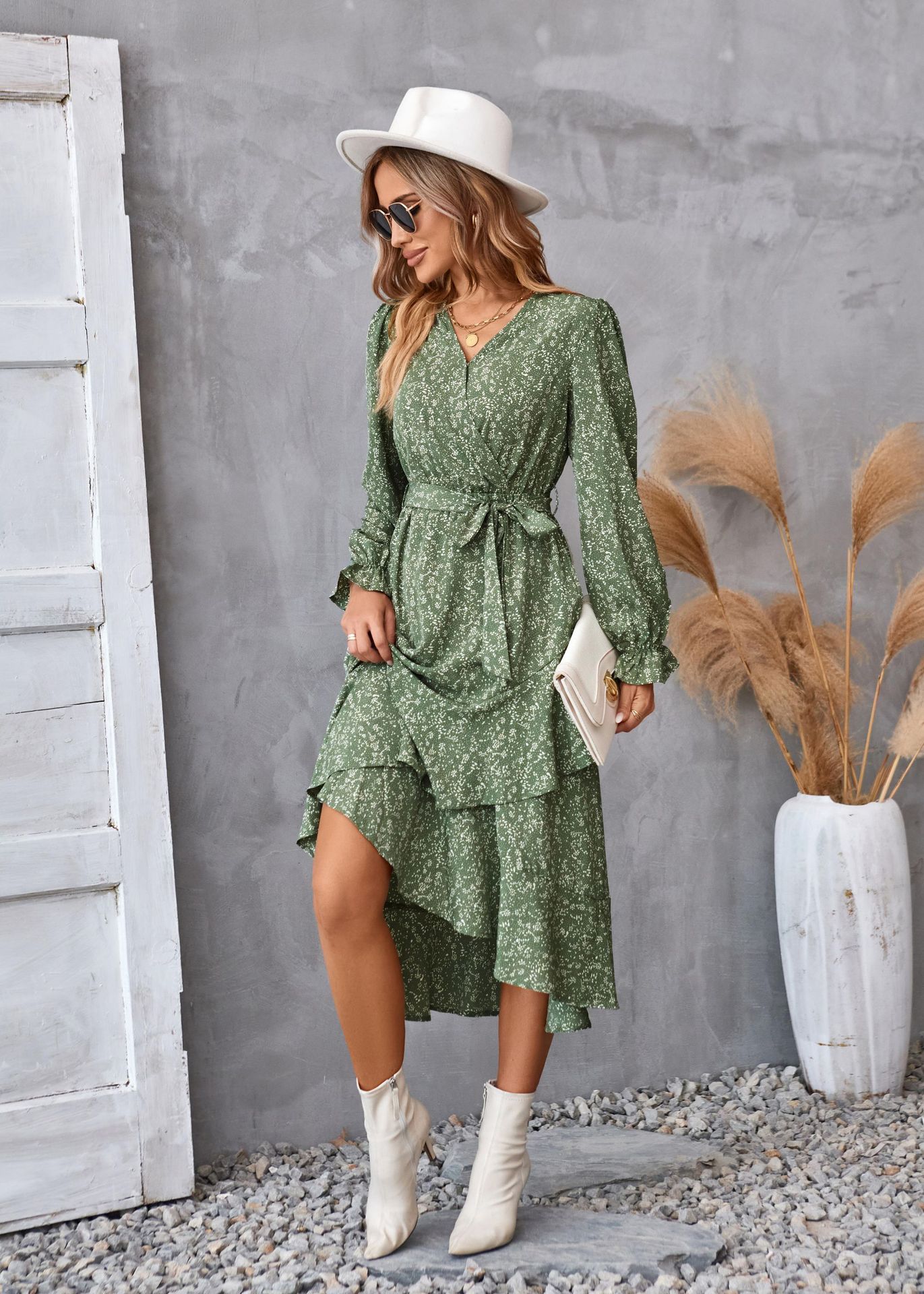 Flowers Print Long Sleeve Dress Fashion Ruffled Commuter Temperament Dresses Womens Clothing