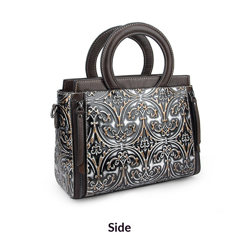 Retro First-Layer Cowhide Embossed Handbag Shoulder Crossbody Bag