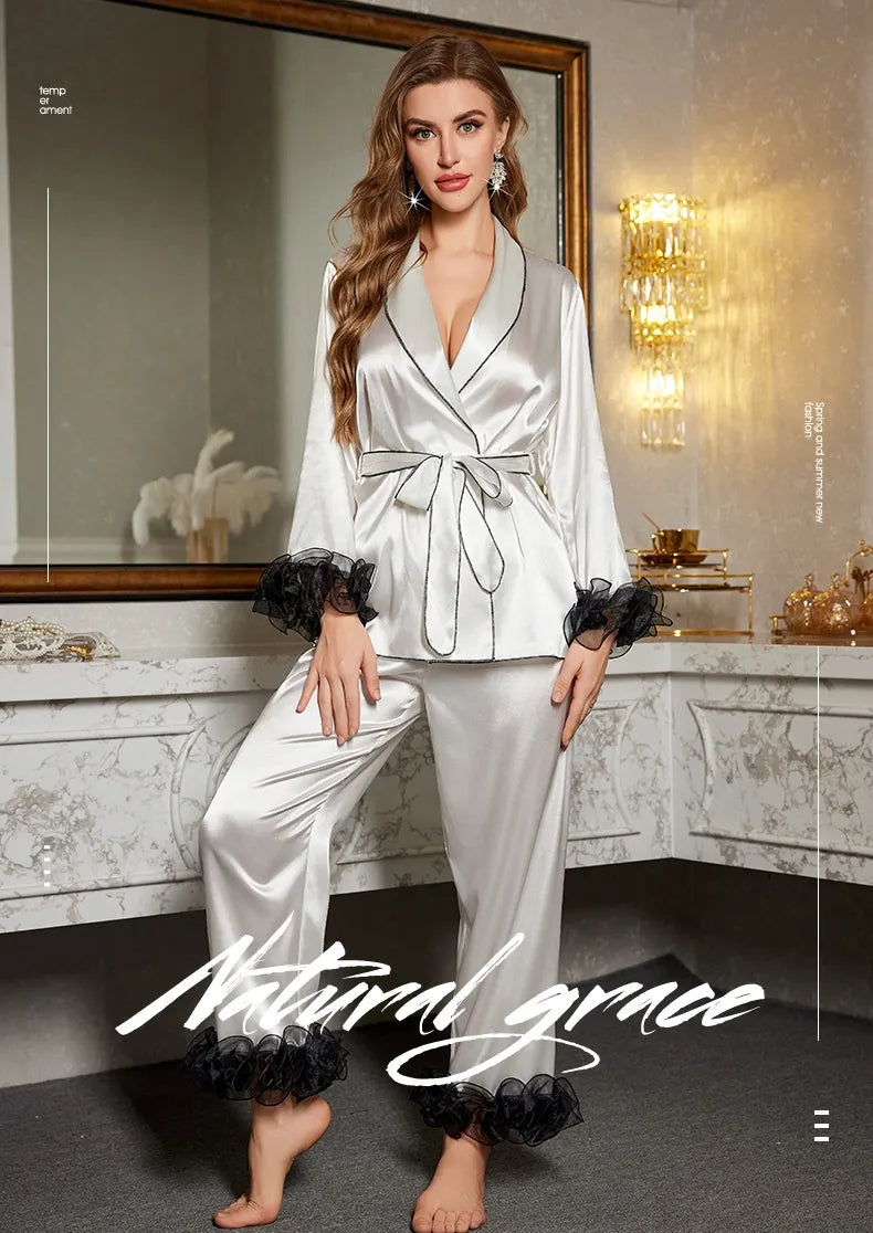 Elegant Women's Ice Silk Pajamas Set with Lace – Long Sleeve & Pants Sleepwear