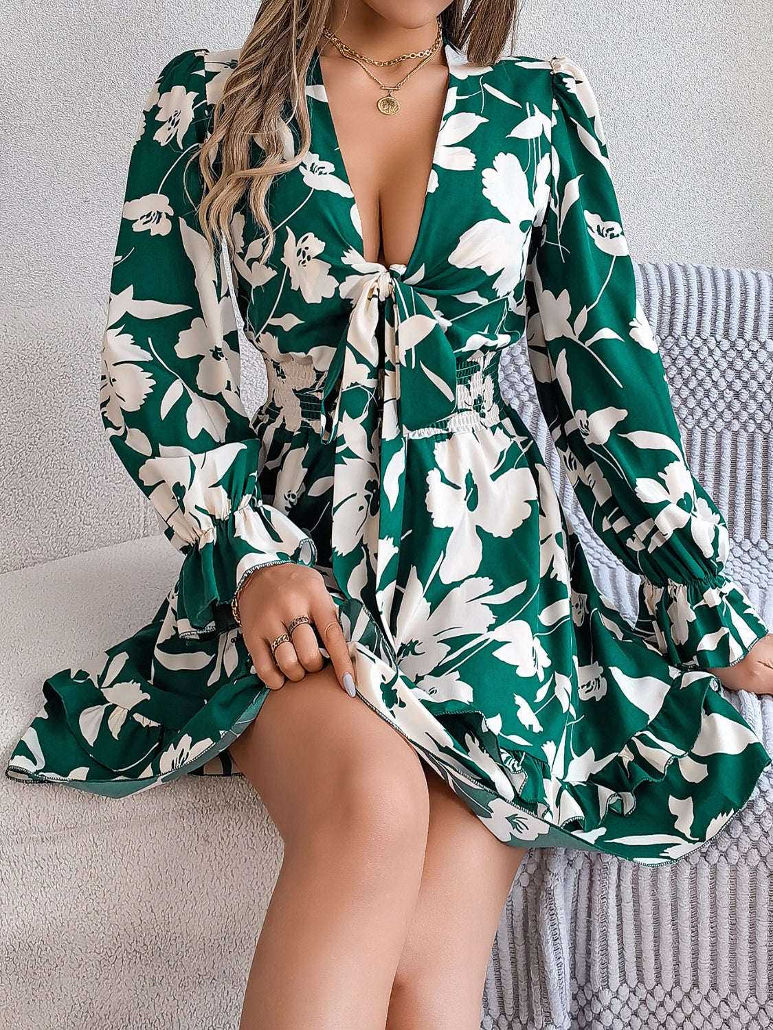 Tied Ruffled Printed Long Sleeve Dress Floral