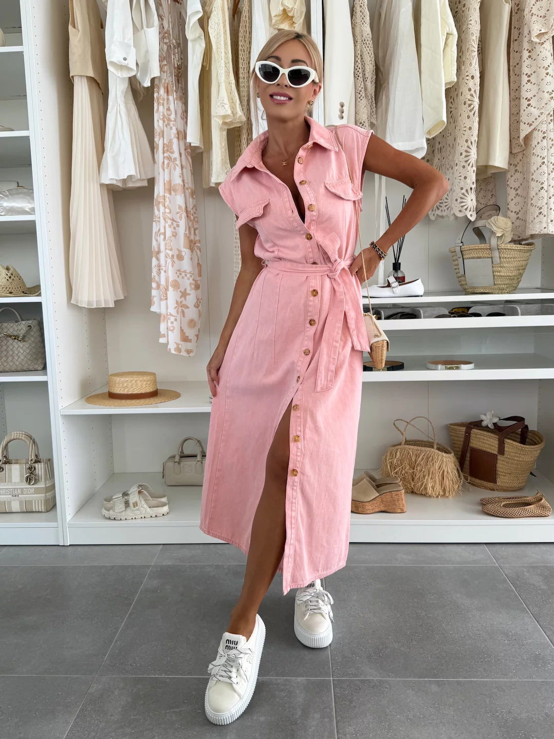 Women's Casual Sleeveless Lace-up Long Dresses Fashion Pockets Solid Party Office Elegant Lapel Single Breasted Denim Dress Summer