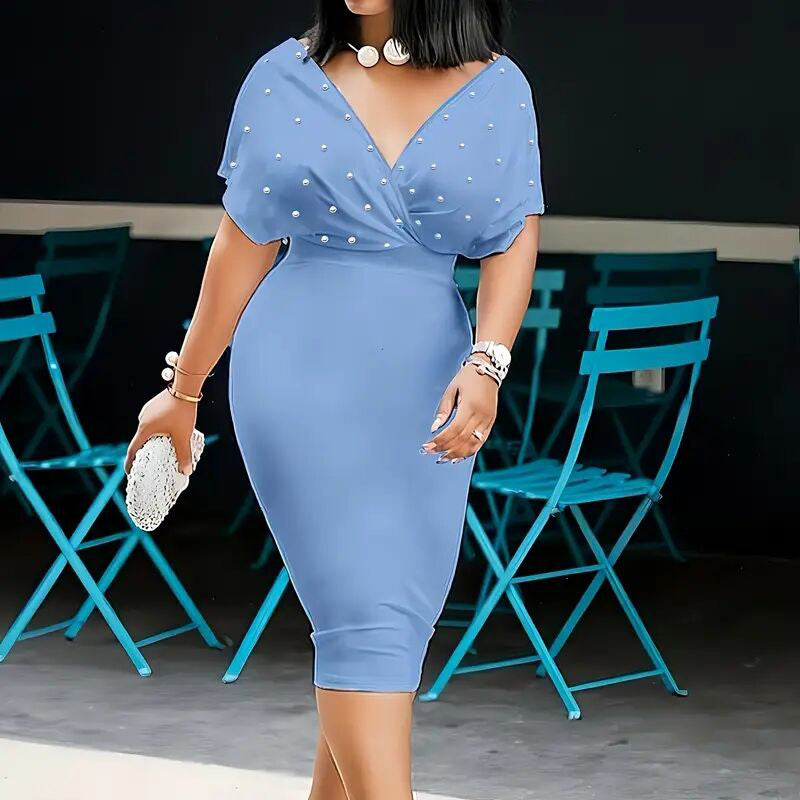 Women's Elegant Deep V Neck Wrap Bodycon Dress Back Zipper Pencil Midi Dress-FREE USA SHIPPING