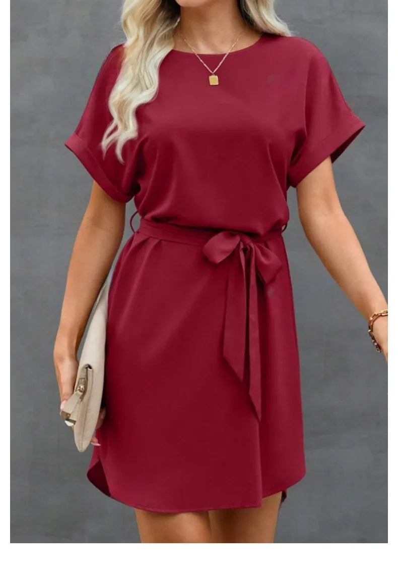 Lace-up Waist Short Sleeve Satin Dress