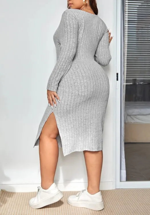 Long Sleeve Narrow Slit Slim-fitting Sunken Stripe Knitted Dress