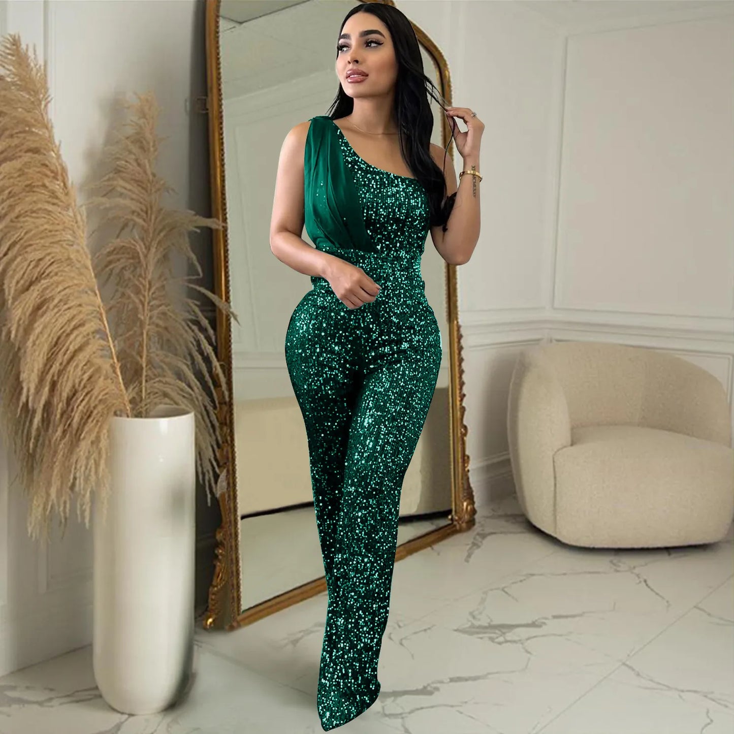 Women's Solid Color Sleeveless One-shoulder Sequined Trousers Jumpsuit