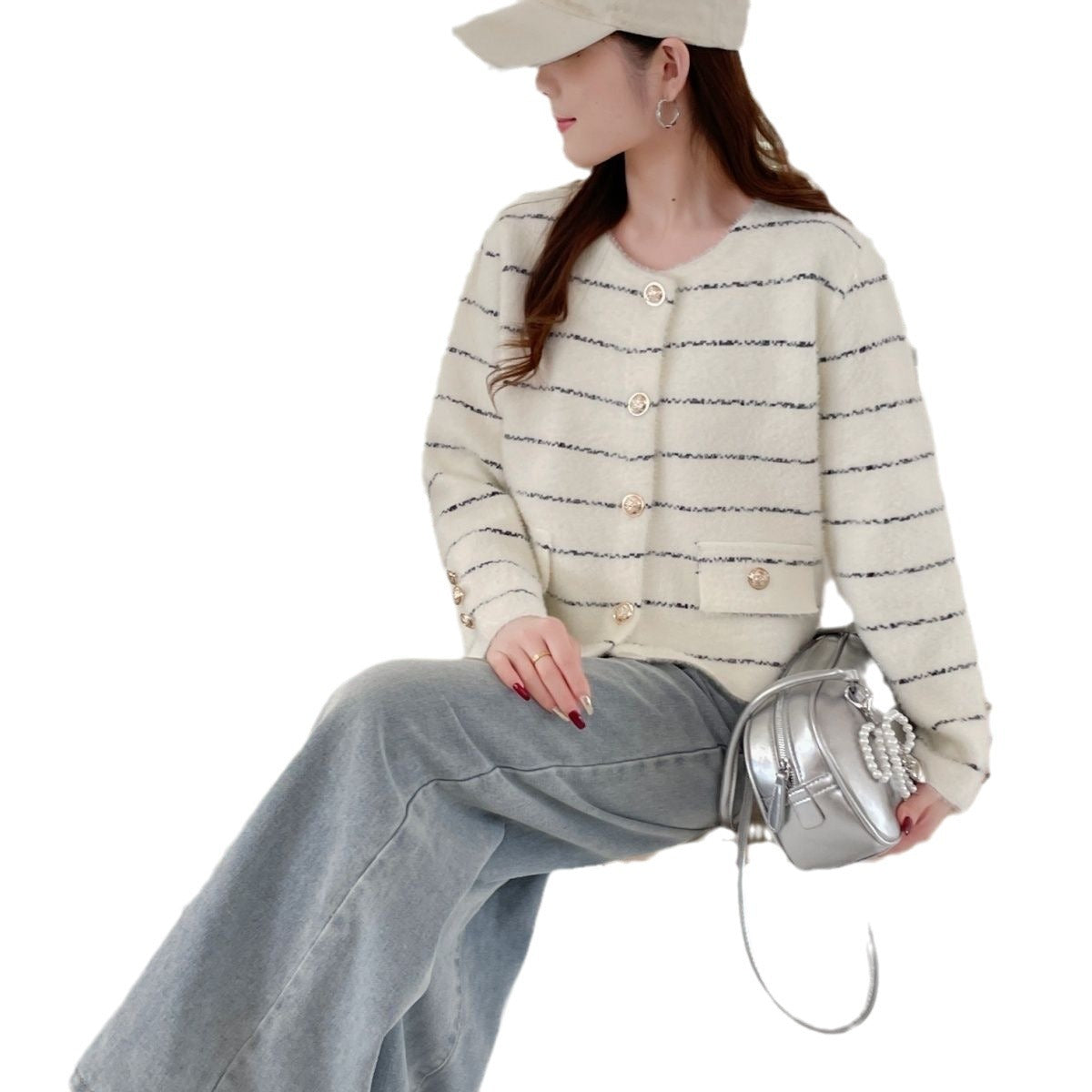 Striped Round Metal Button Faux Pocket Round Neck Sweater