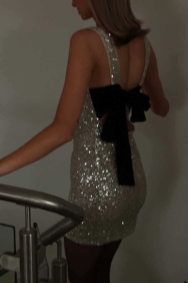 Sleeveless Slim Fit Backless Bow Glitter Mini Dress