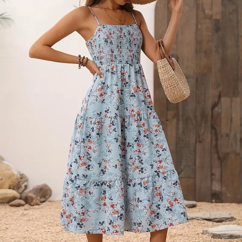 Womens Summer Floral Midi Dress Smocked Spaghetti Strap Sleeveless Tiered Casual Flowy-FREE USA SHIPPING Dresses