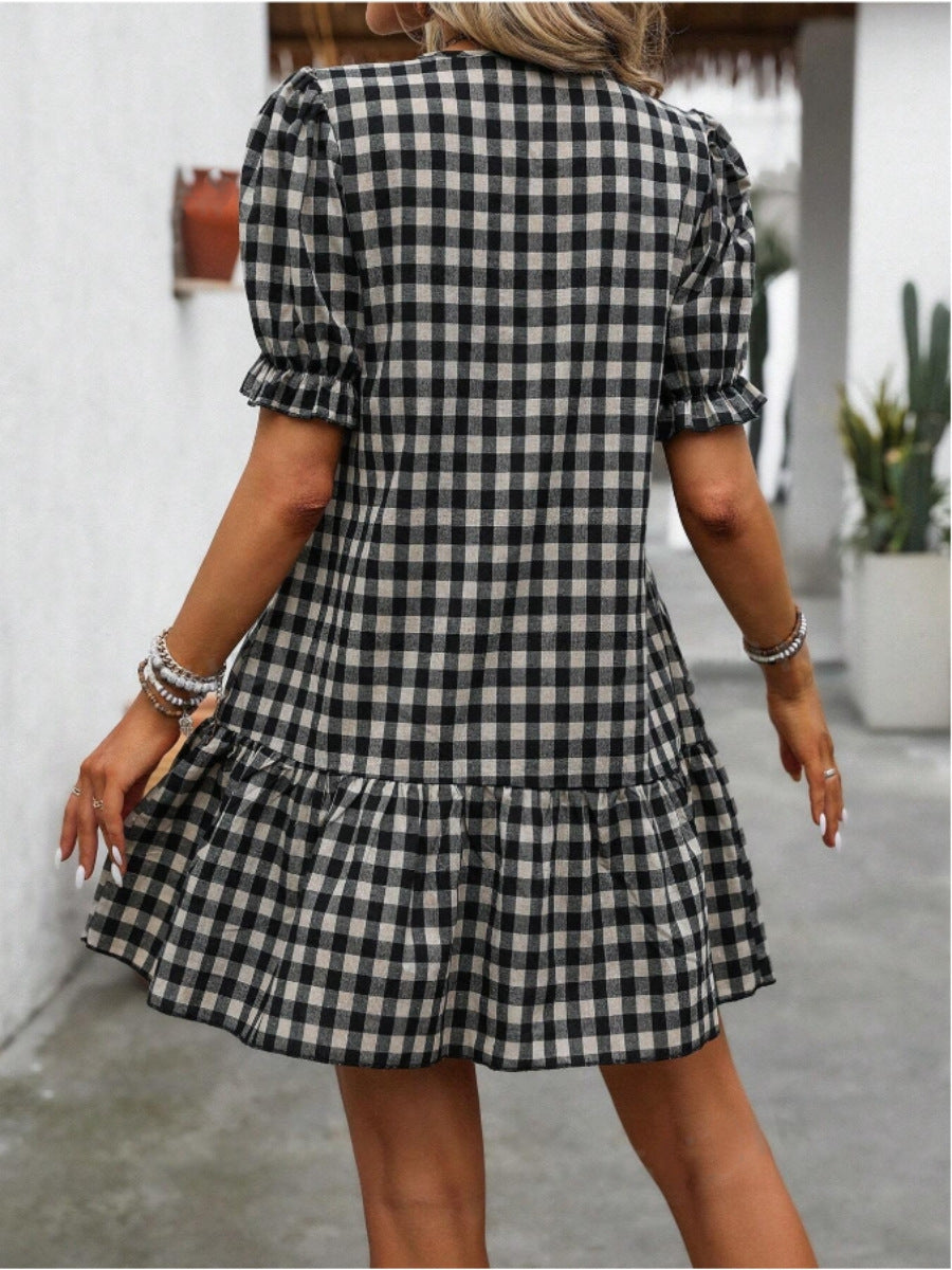 Plaid Drawstring Puff Sleeve Bohemian Dress