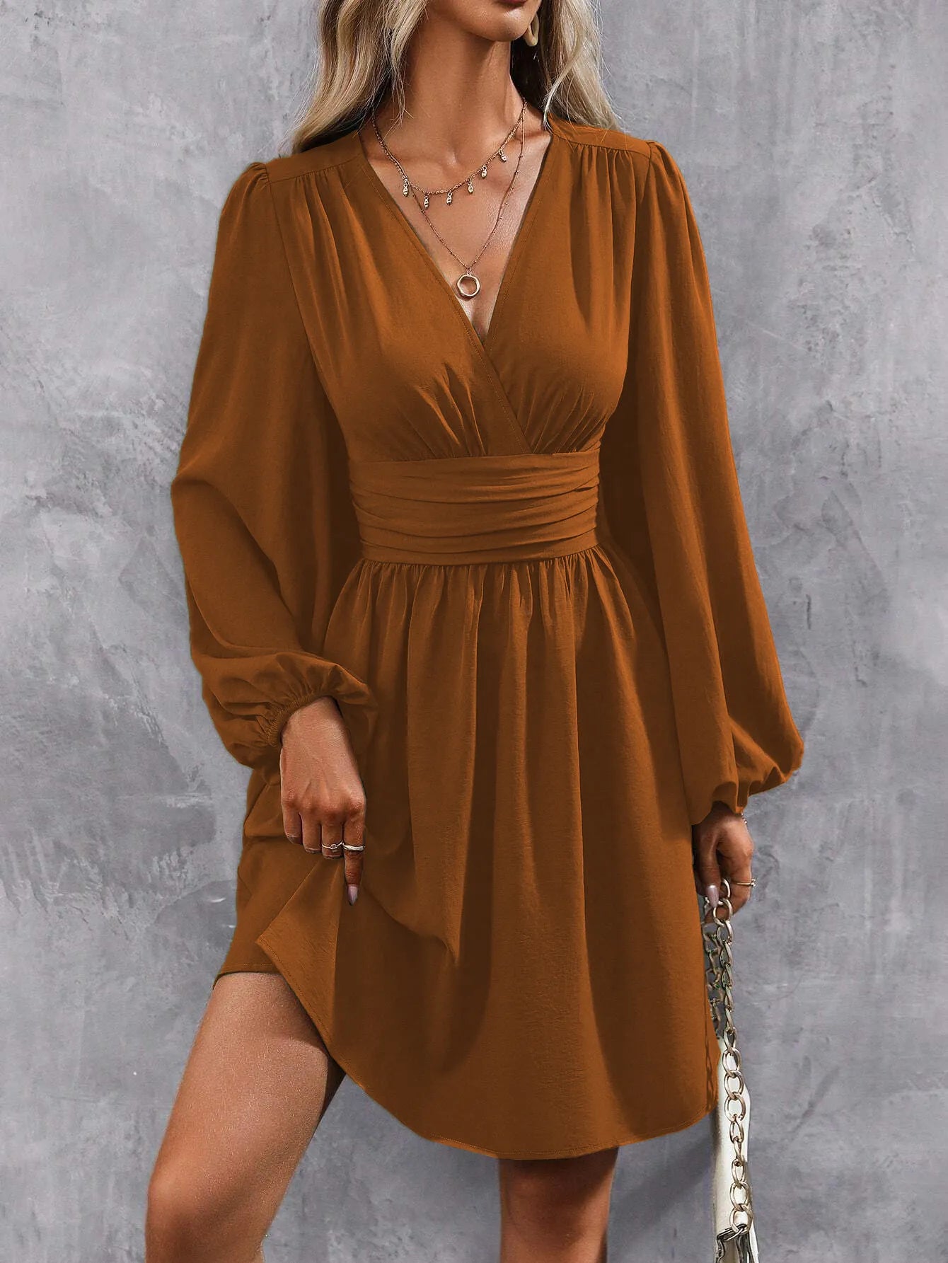Women's Diagonal Collar Lantern Sleeve Smocking Pleated Waist Dress