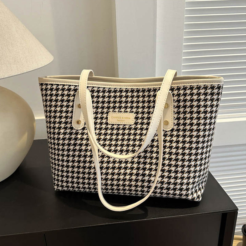 Houndstooth Shoulder Bag Winter Fashion Commuting Handbags Women Large Capacity Totes Casual Shopping Bag