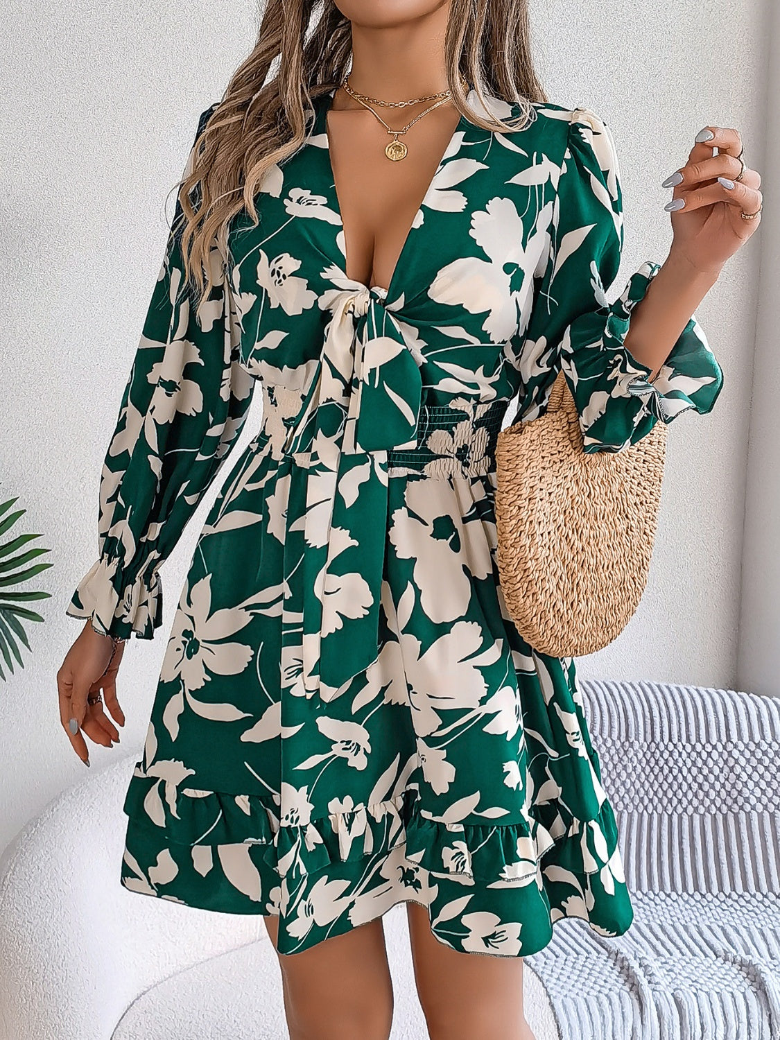 Tied Ruffled Printed Long Sleeve Dress Floral