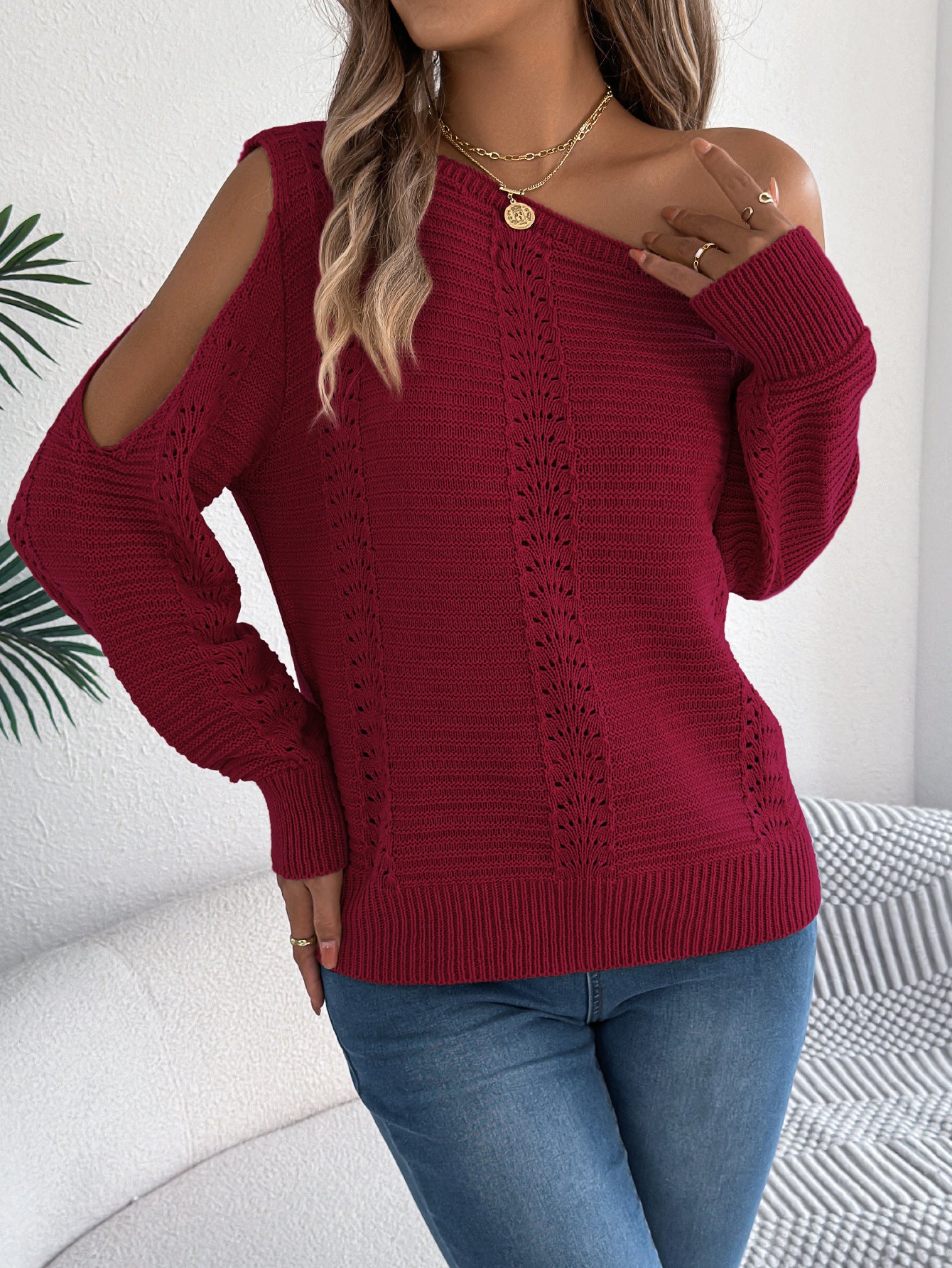 Solid Color Hollow Out Shoulder-baring Long Sleeve Pullover