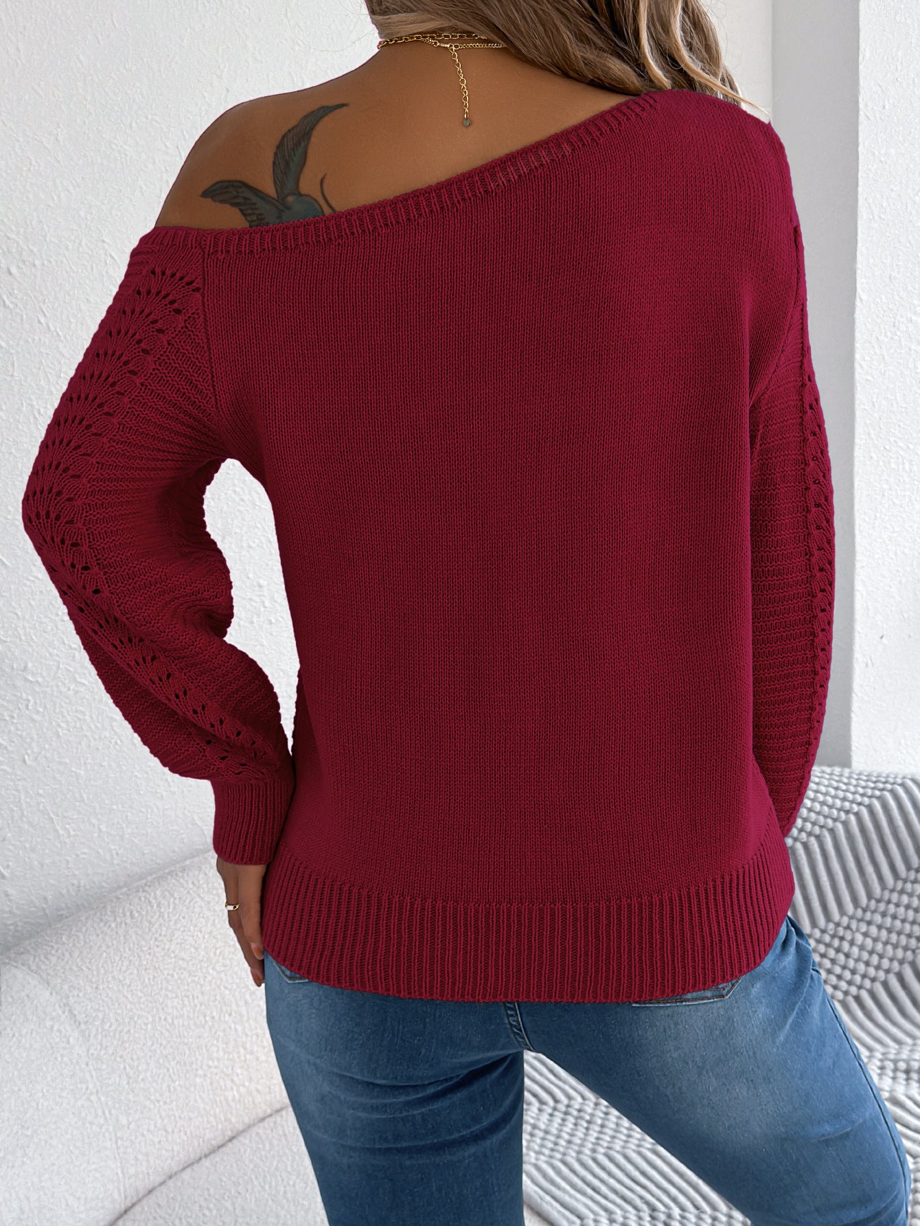 Solid Color Hollow Out Shoulder-baring Long Sleeve Pullover