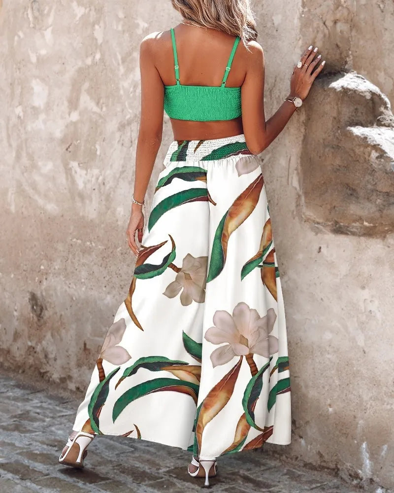 Summer New Commuter Two-piece Printed Lace-up Wide-leg Pants Suit