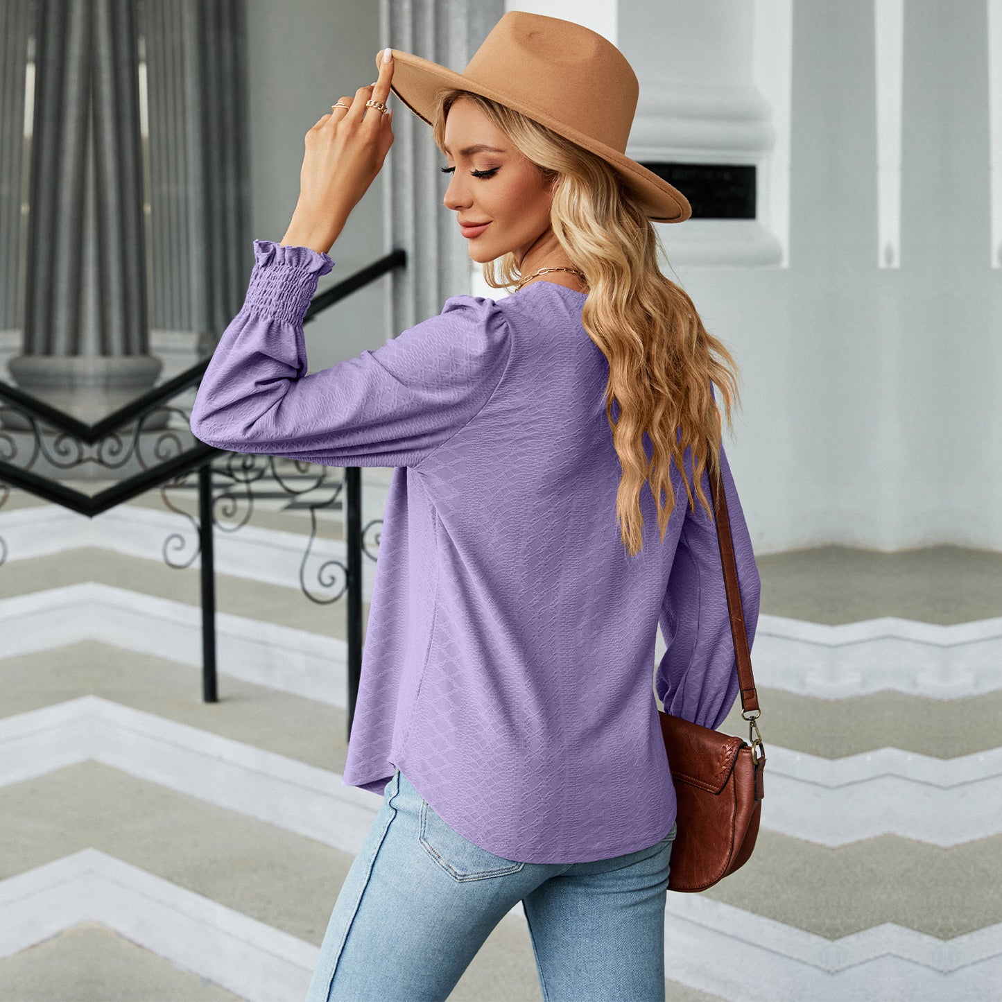 New Jacquard Pleated Square Neck T-shirt Fashion Solid Color Long Sleeve Pullover Tops Womens Clothing