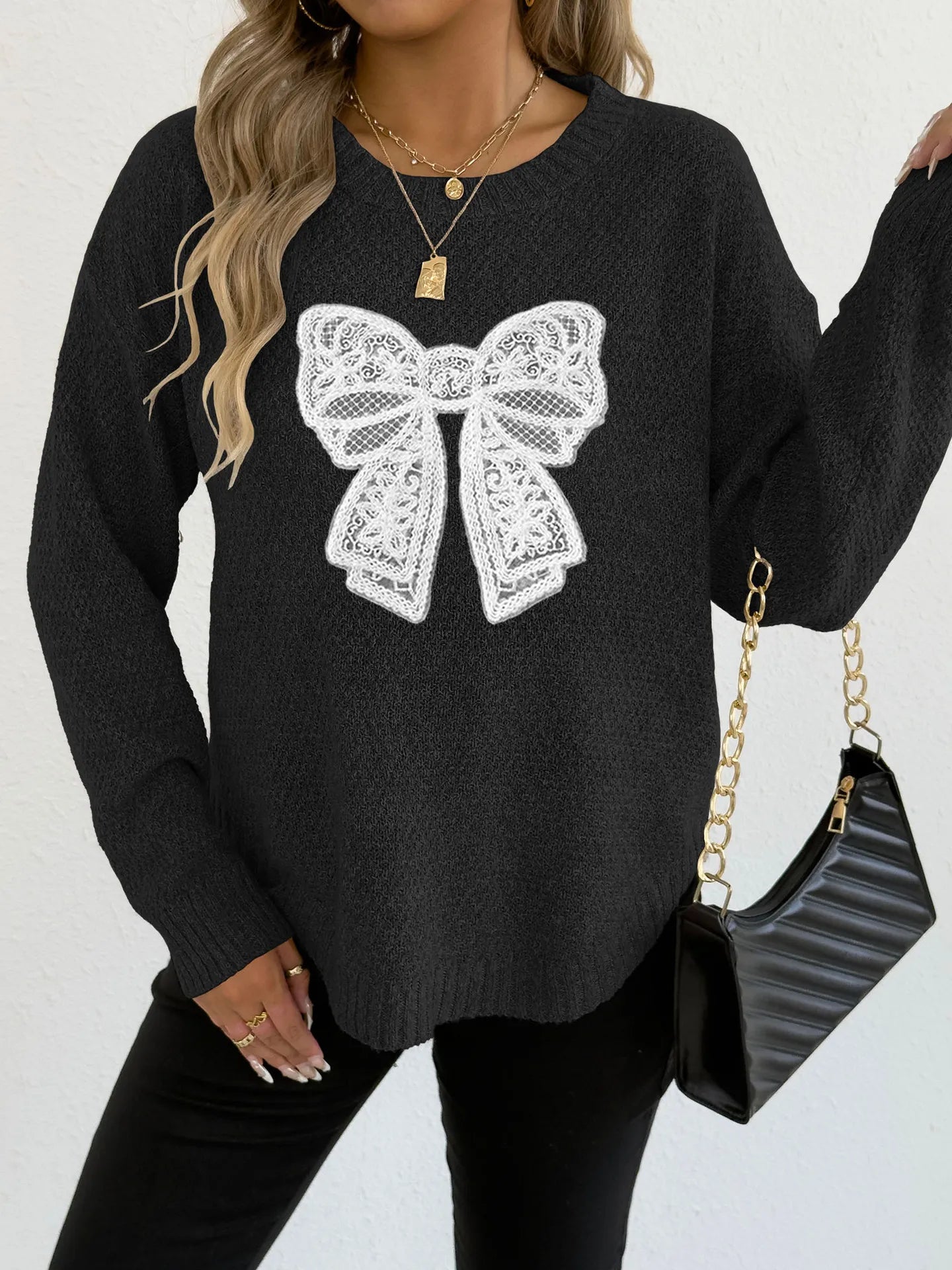 Women's Round Neck Embroidered Lace Butterfly Stitching Woven Sweater