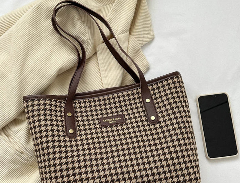 Houndstooth Shoulder Bag Winter Fashion Commuting Handbags Women Large Capacity Totes Casual Shopping Bag