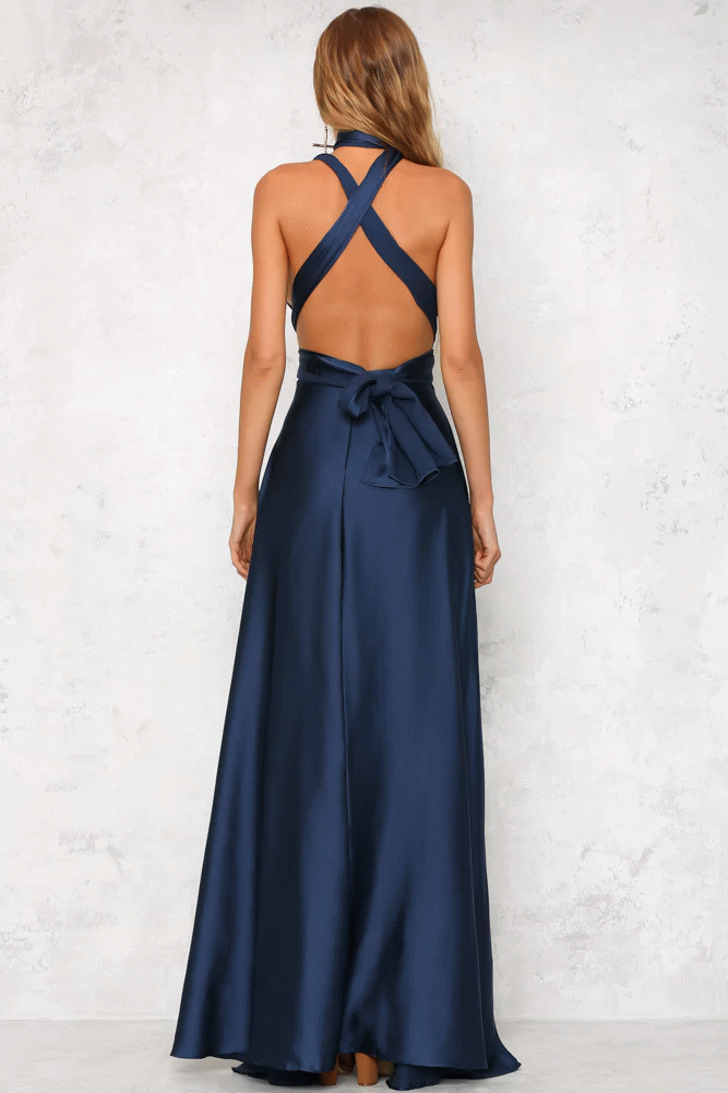 Deep V-neck Sleeveless Lace-up Sexy Backless High Waist Large Swing Satin Dress