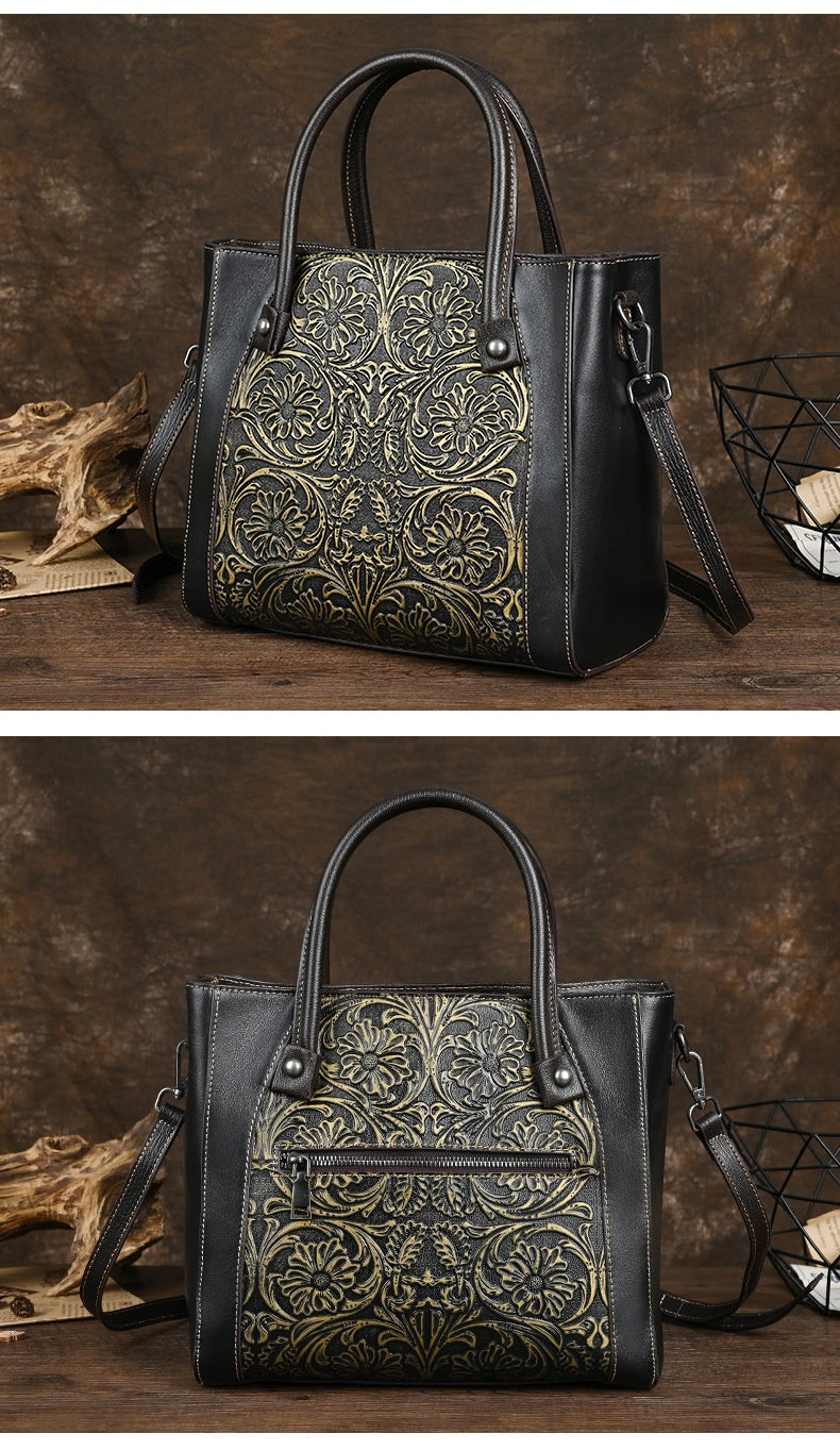 Single-shoulder Slanted-top Full-grain Leather Tote Bag With Leather Carving