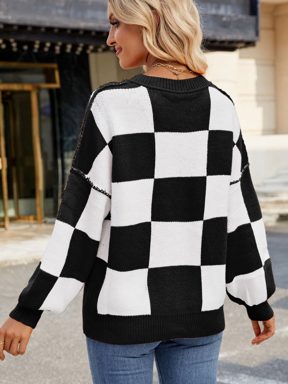 Plaid Round Neck Long Sleeve Sweater