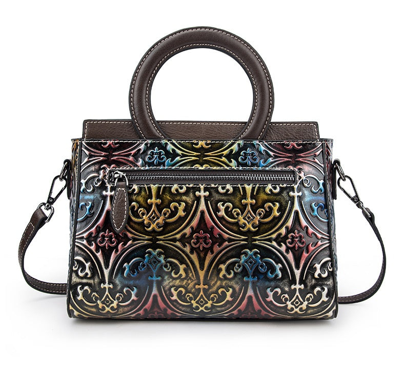 Retro First-Layer Cowhide Embossed Handbag Shoulder Crossbody Bag