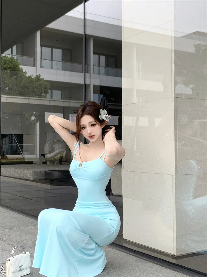 Double-shoulder Strap Sling Waist-tight Slim And Sexy Hip-wrapped Fishtail Dress