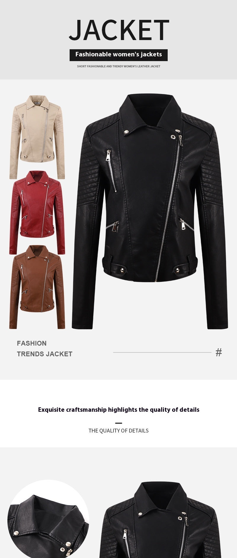 PU Women's Short Leather Oblique Pull Slim Motorcycle Clothing Washed Leather Jacket