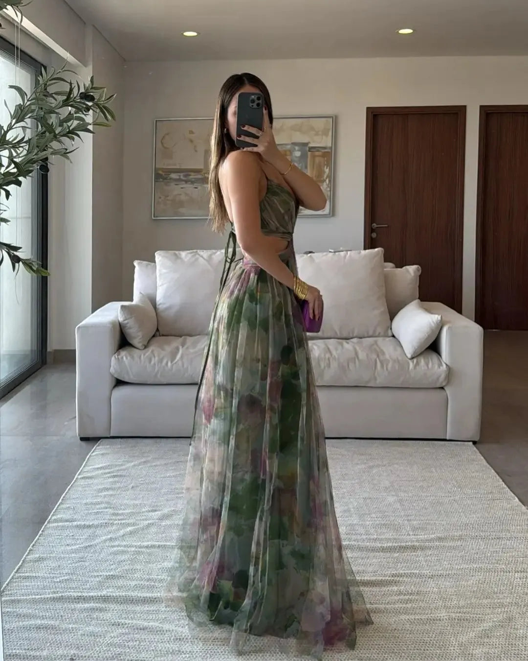 Mesh Printing Slip Dress Holiday Leisure Party