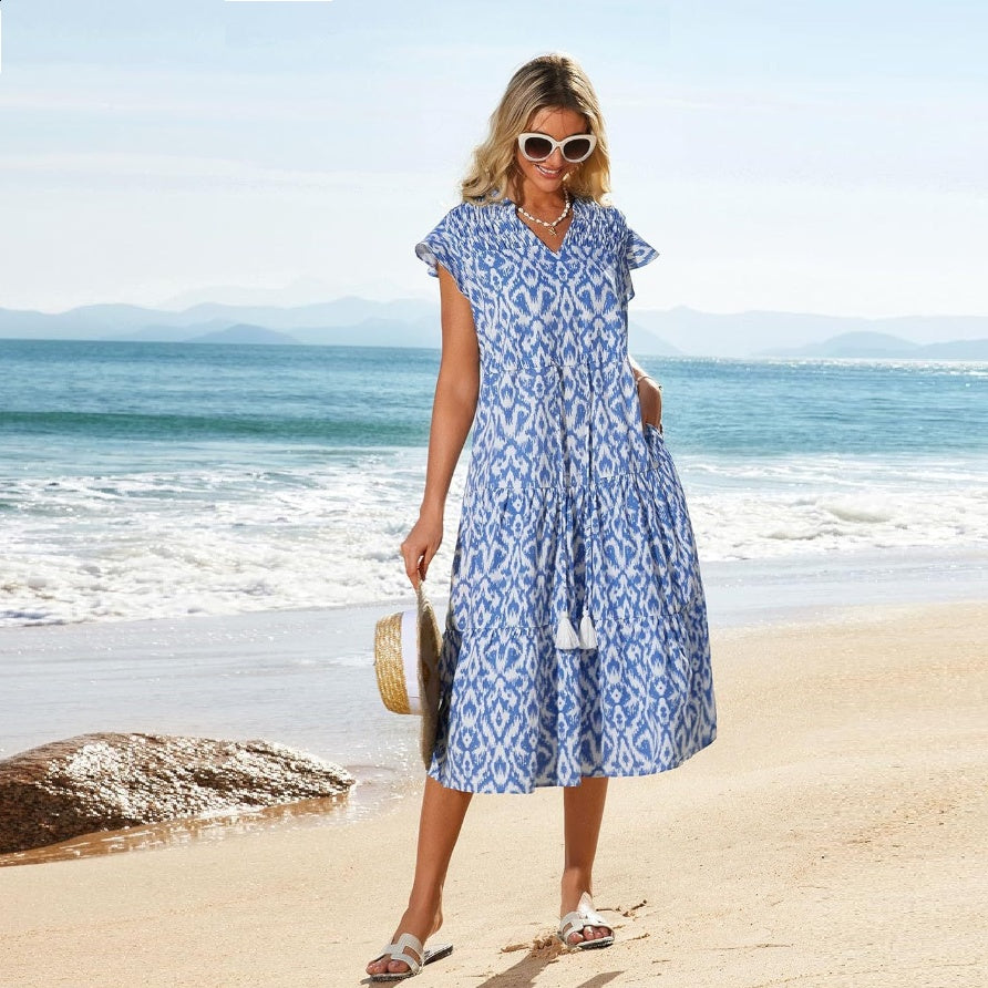 European And American Short Sleeve Tassel Bohemian Vacation Beach Dress