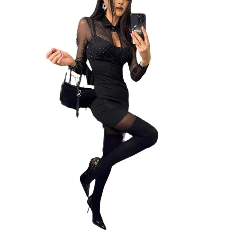 Fake Two-piece Hip Bag Dress Party Hot Drilling