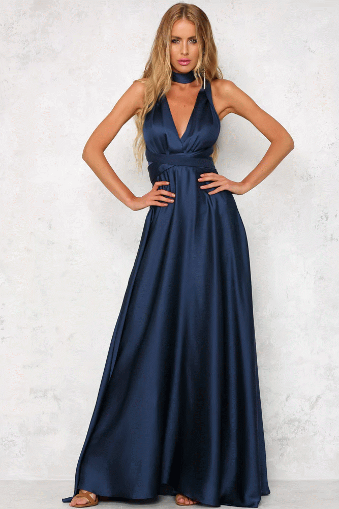 Deep V-neck Sleeveless Lace-up Sexy Backless High Waist Large Swing Satin Dress