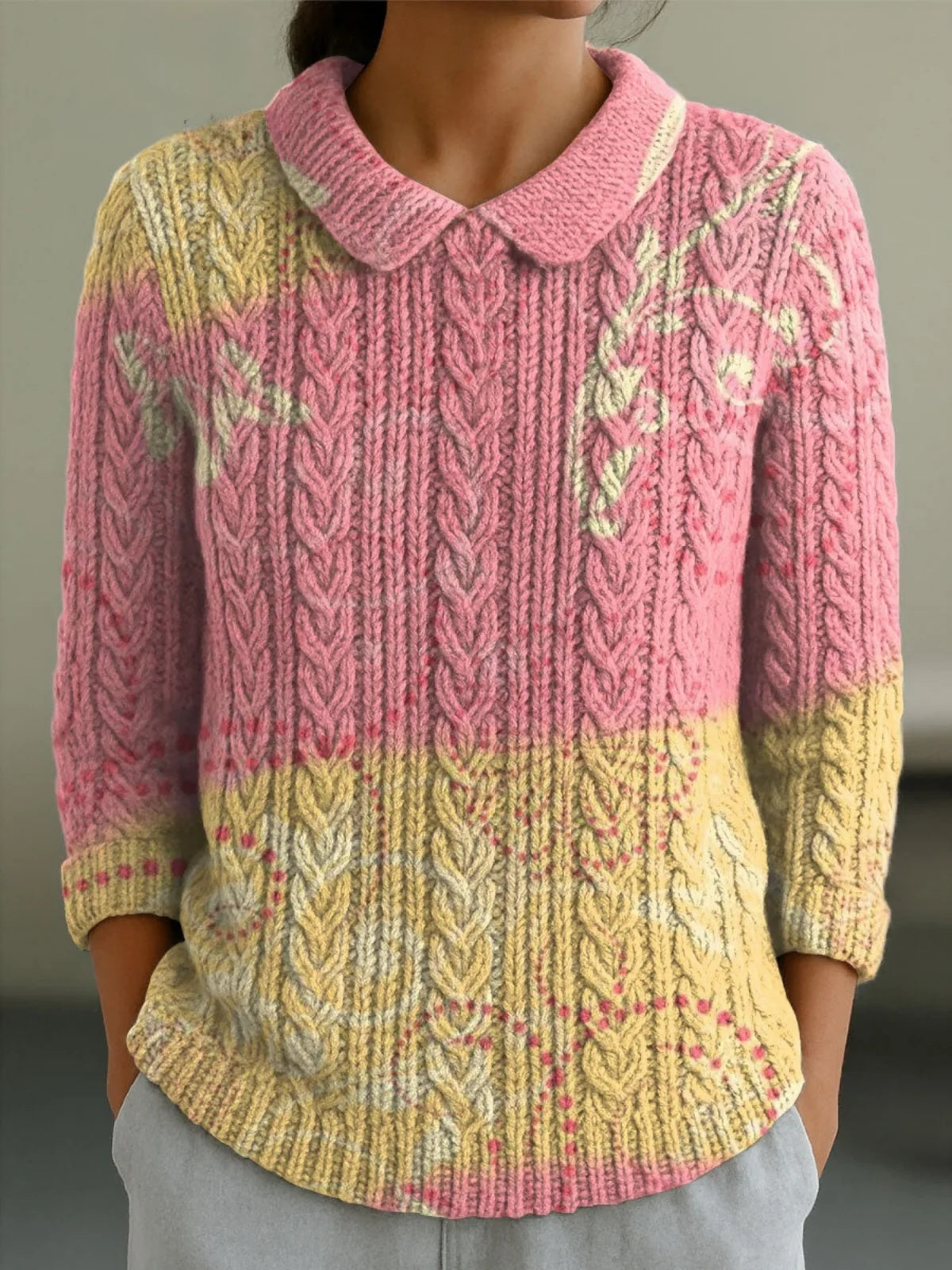 Autumn And Winter New Women's Doll Collar Knitted Jacquard Fabric French Retro Printed Top