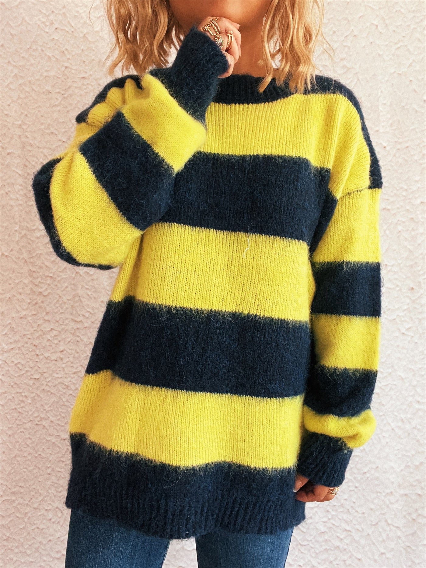 Striped Color Block Knitted Round Neck Chic Casual Loose Sweater