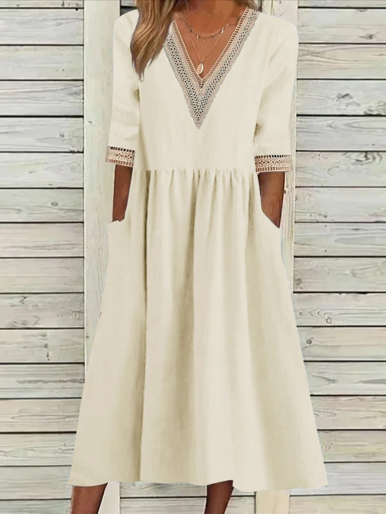 Cotton And Linen Lace Collar Half Sleeve Mid-length Dress