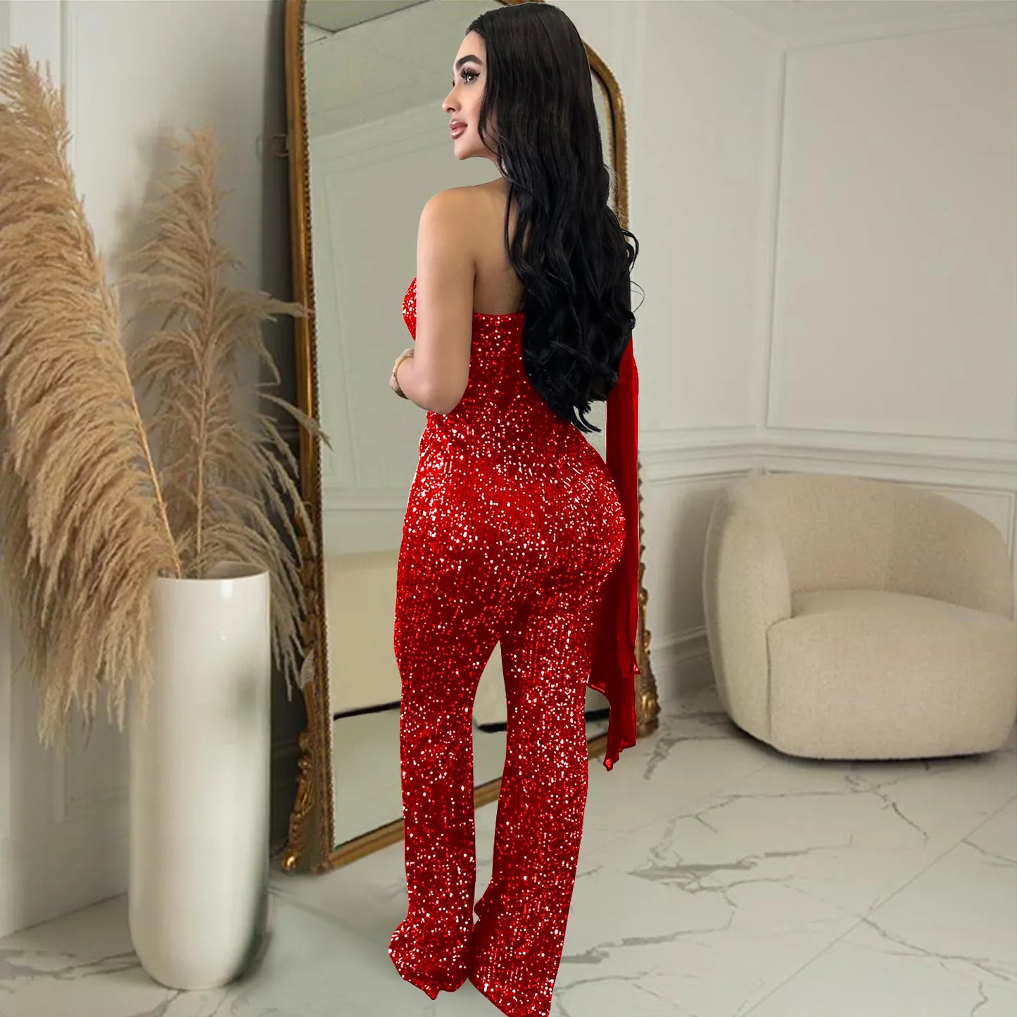 Women's Solid Color Sleeveless One-shoulder Sequined Trousers Jumpsuit