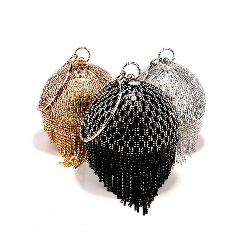 Shining Rhinestone Round Tassel Dinner Bag Women's Fashion
