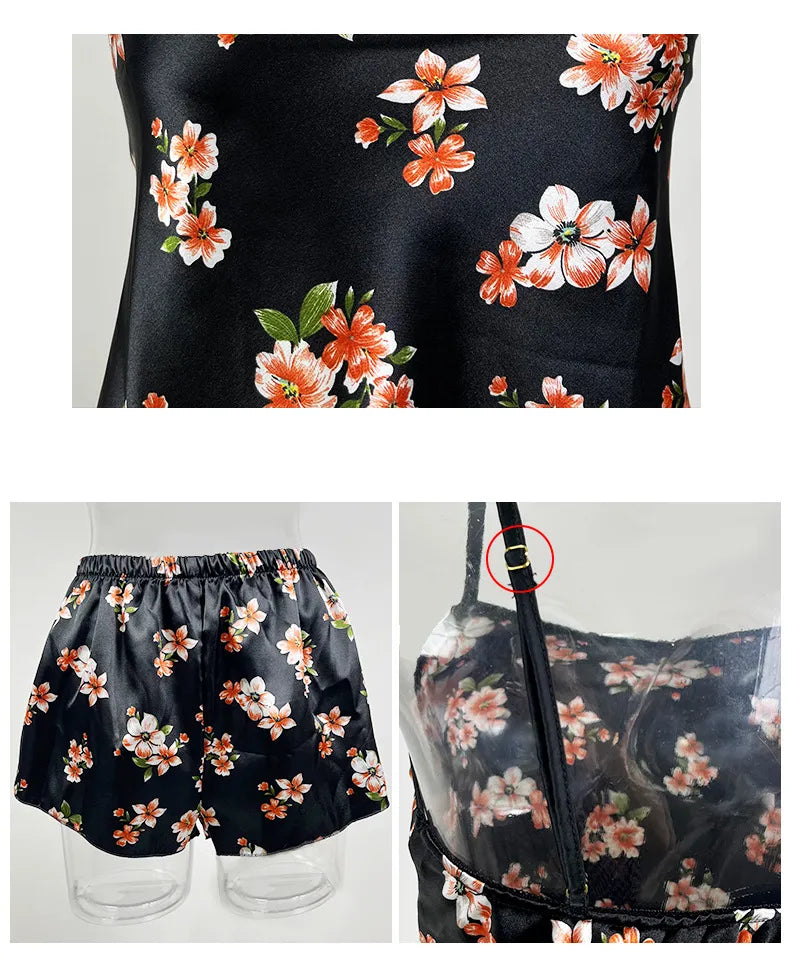 Satin Print Suspender Shorts Pajamas Suit