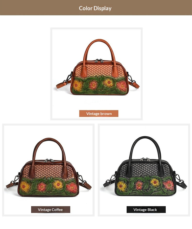 Retro Ethnic-style Full-grain Leather Shoulder Bag For Women