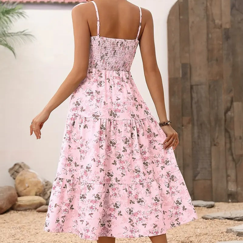 Womens Summer Floral Midi Dress Smocked Spaghetti Strap Sleeveless Tiered Casual Flowy-FREE USA SHIPPING Dresses