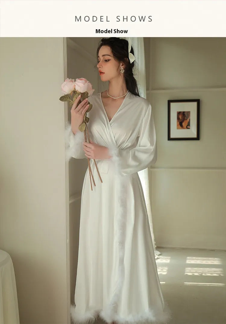 Women's Feather Satin Long Robe
