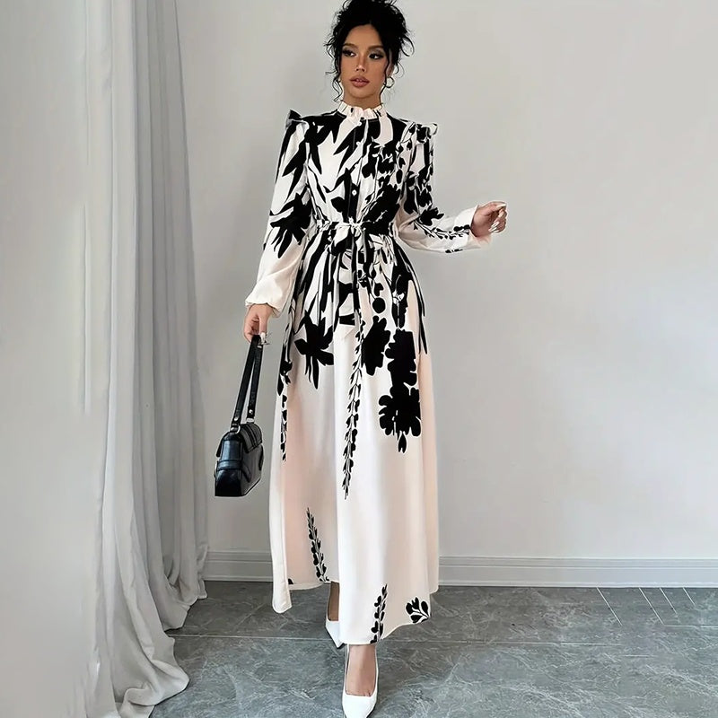 Women's Floral Print Long Sleeve Stand Collar A-Line Maxi Dress -  Free USA Shipping
