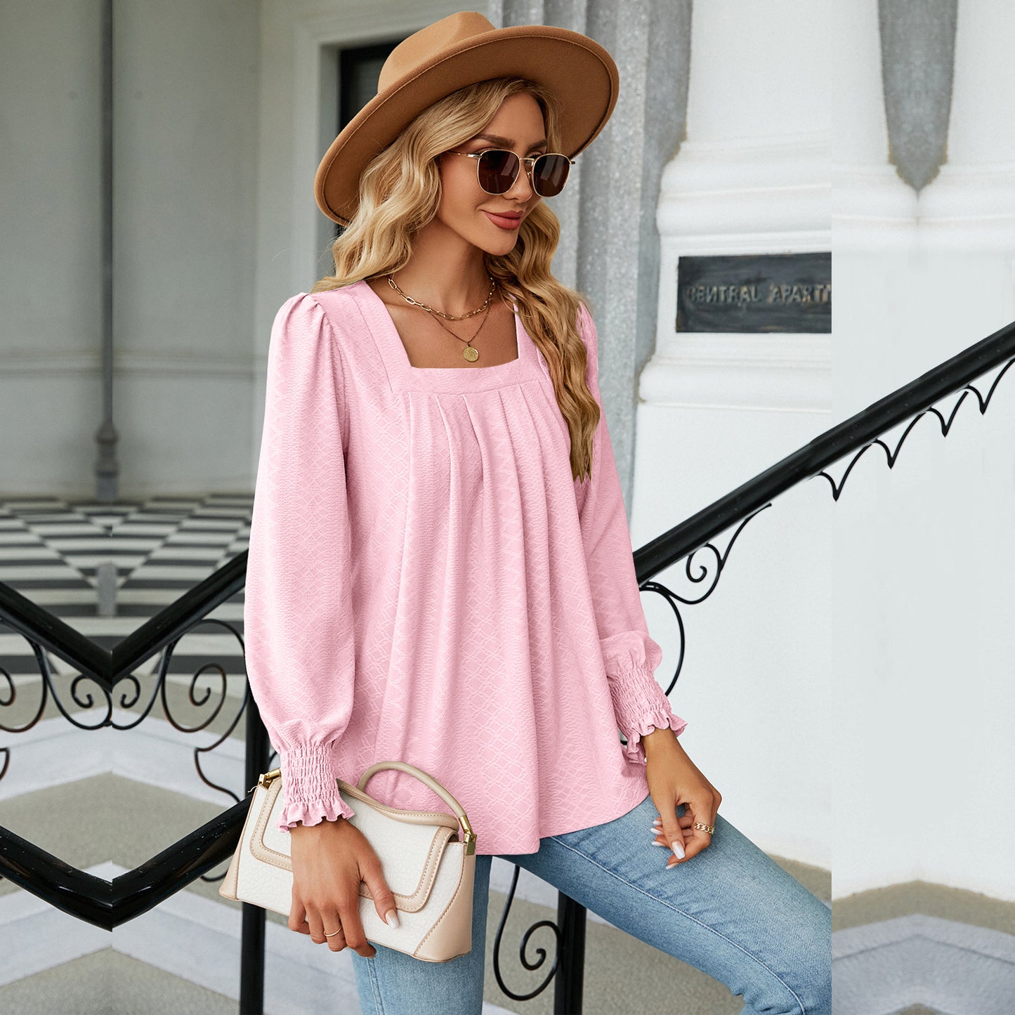 New Jacquard Pleated Square Neck T-shirt Fashion Solid Color Long Sleeve Pullover Tops Womens Clothing