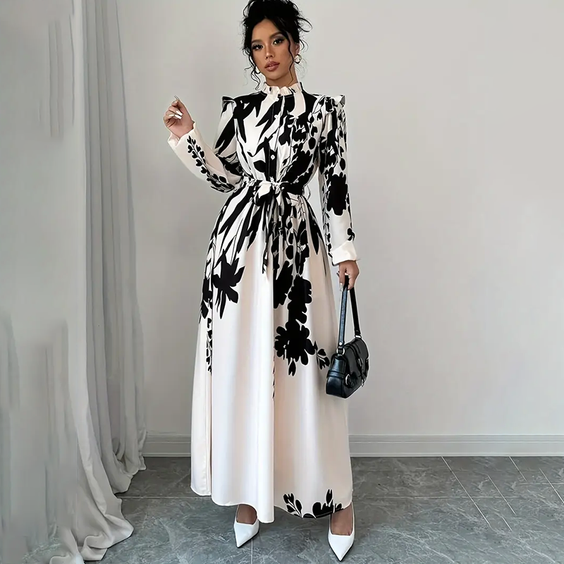 Women's Floral Print Long Sleeve Stand Collar A-Line Maxi Dress -  Free USA Shipping