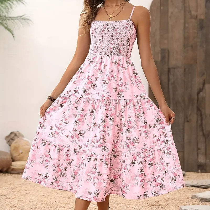 Womens Summer Floral Midi Dress Smocked Spaghetti Strap Sleeveless Tiered Casual Flowy-FREE USA SHIPPING Dresses